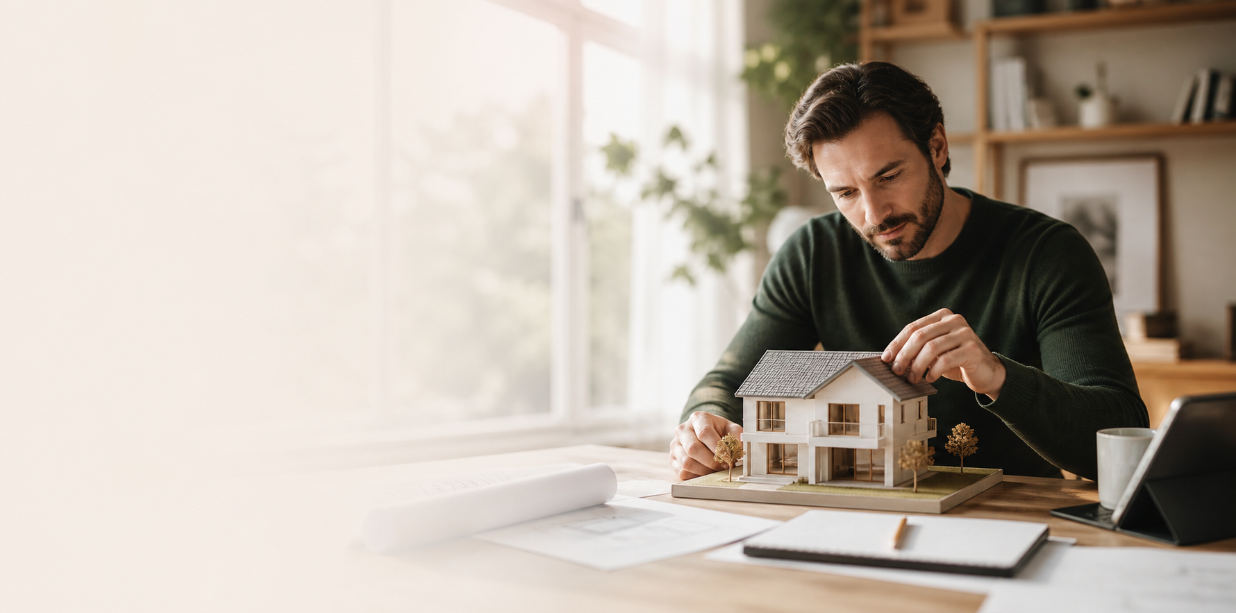 Pessoa a analisar uma maquete de casa para planear uma decisão importante.