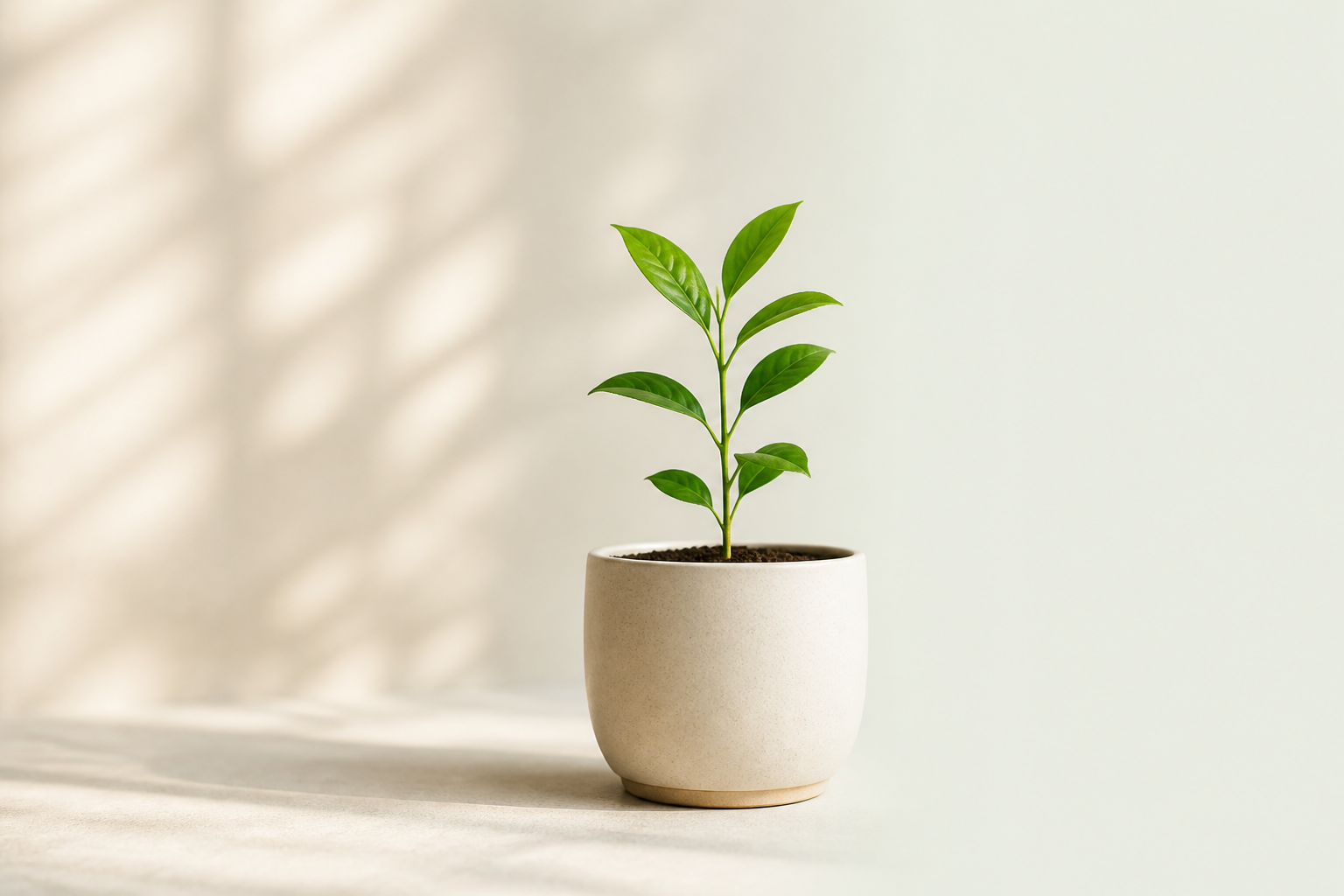 Planta jovem a crescer num vaso sobre uma mesa.