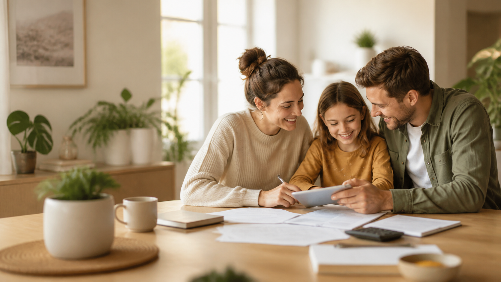 Família a conversar sobre decisões financeiras à mesa.