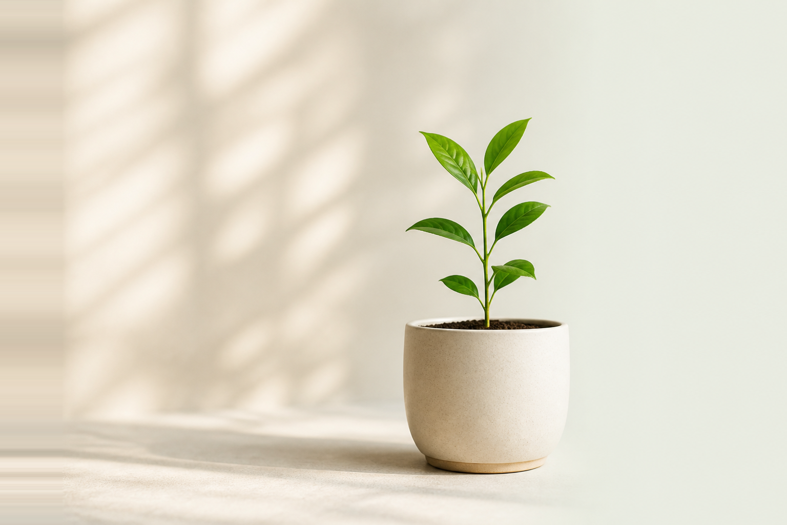Planta jovem a crescer num vaso sobre uma mesa.